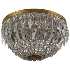 French Art Deco Style Crystal Glass and Brass Basket Flush Mount Ceiling Fixture