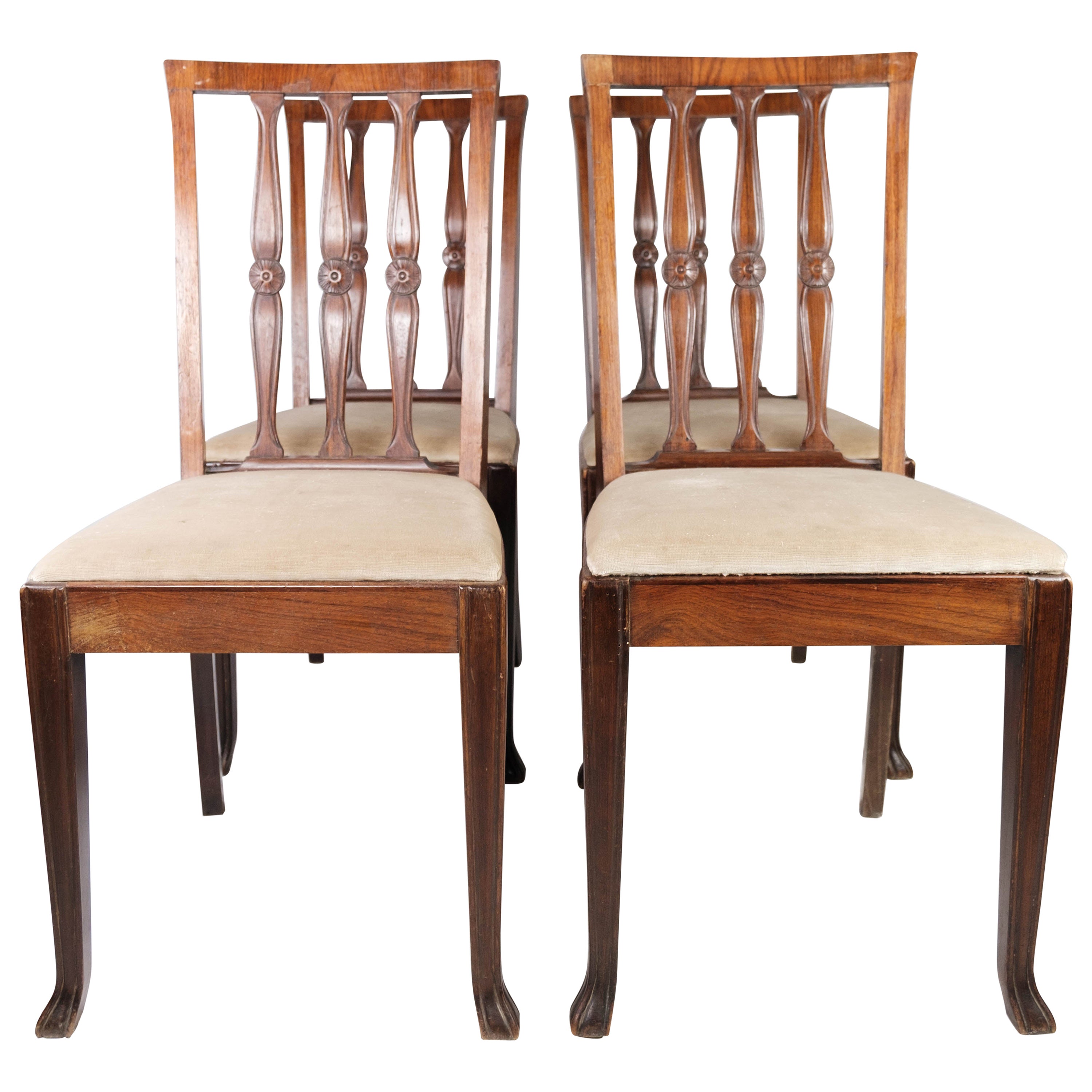 Ensemble de quatre chaises de salle à manger en bois de rose, années 1920 en vente