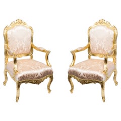 Antique Pair Louis XV Style French Gilded Armchairs 20th C