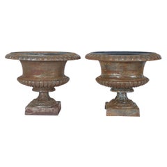 Pair of English Victorian Rusting Cast Iron Metal Urn Planters