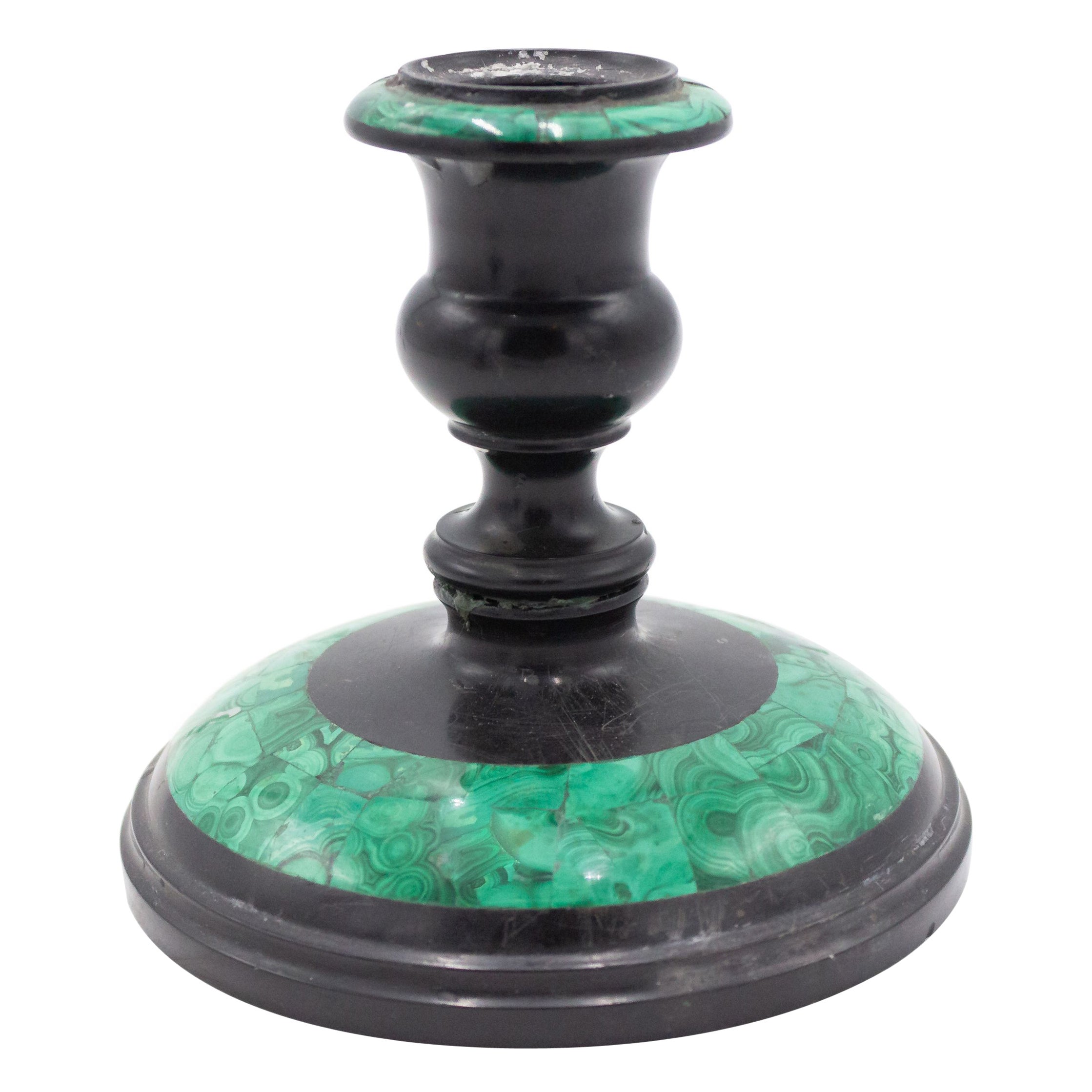 Pair of Russian Black Marble and Malachite Candleholders For Sale