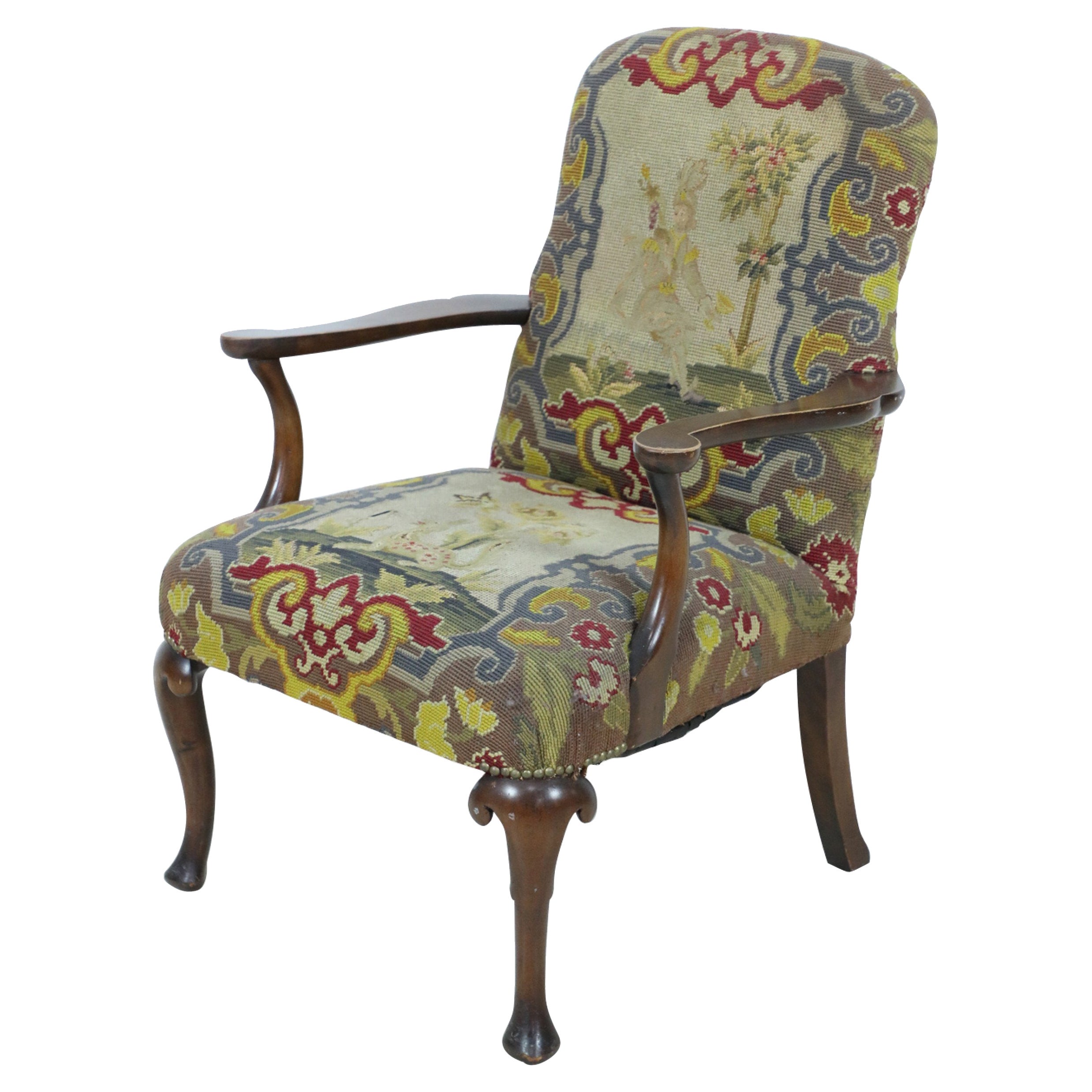 English Queen Anne Needlepoint Tapestry and Walnut Armchair For Sale