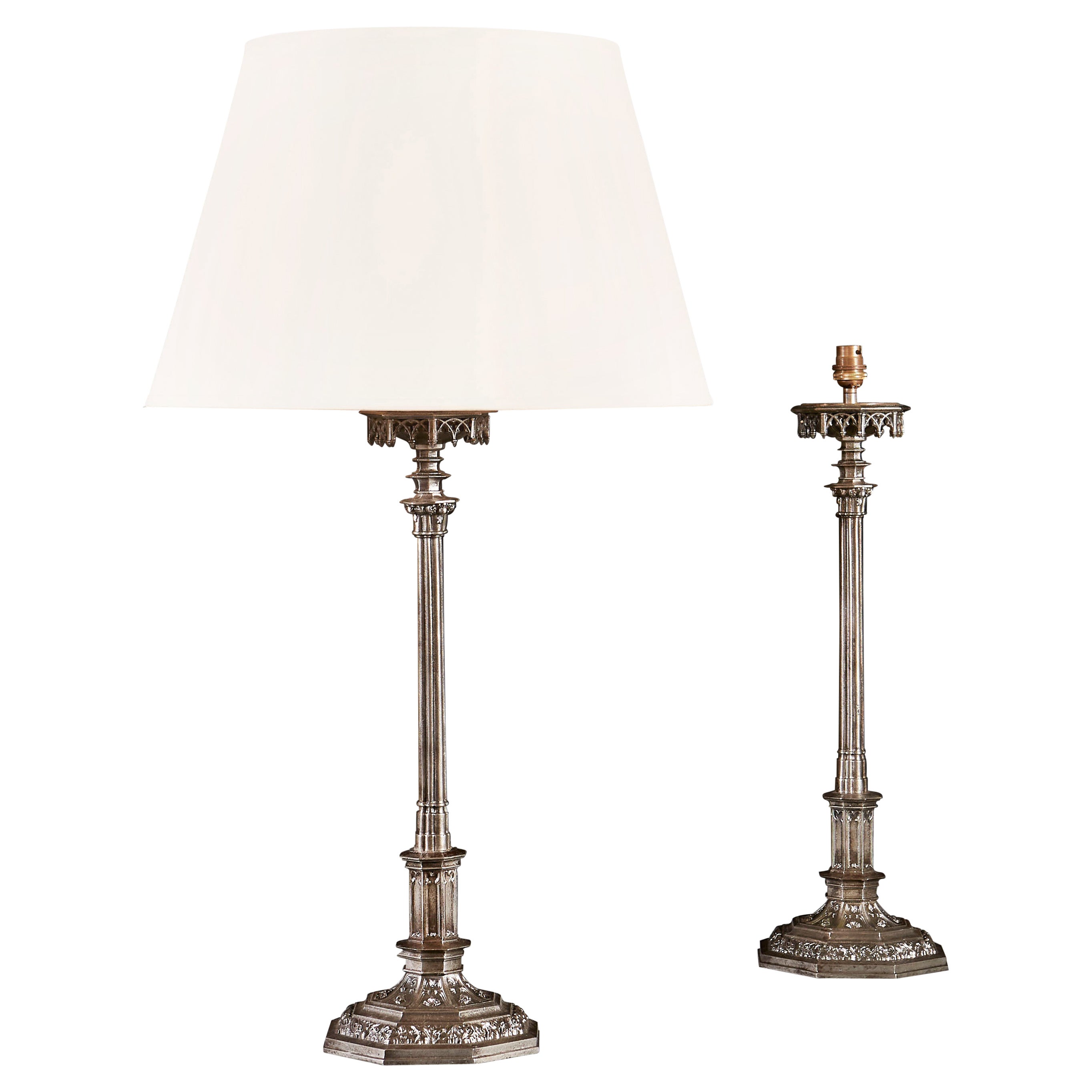 Pair of Gothic Polished Steel Candlestick Lamps After Pugin