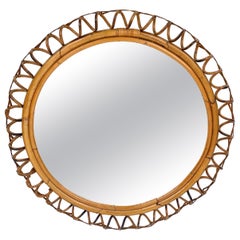 Rattan & Bamboo Round Wall Mirror, Italy, 1960s