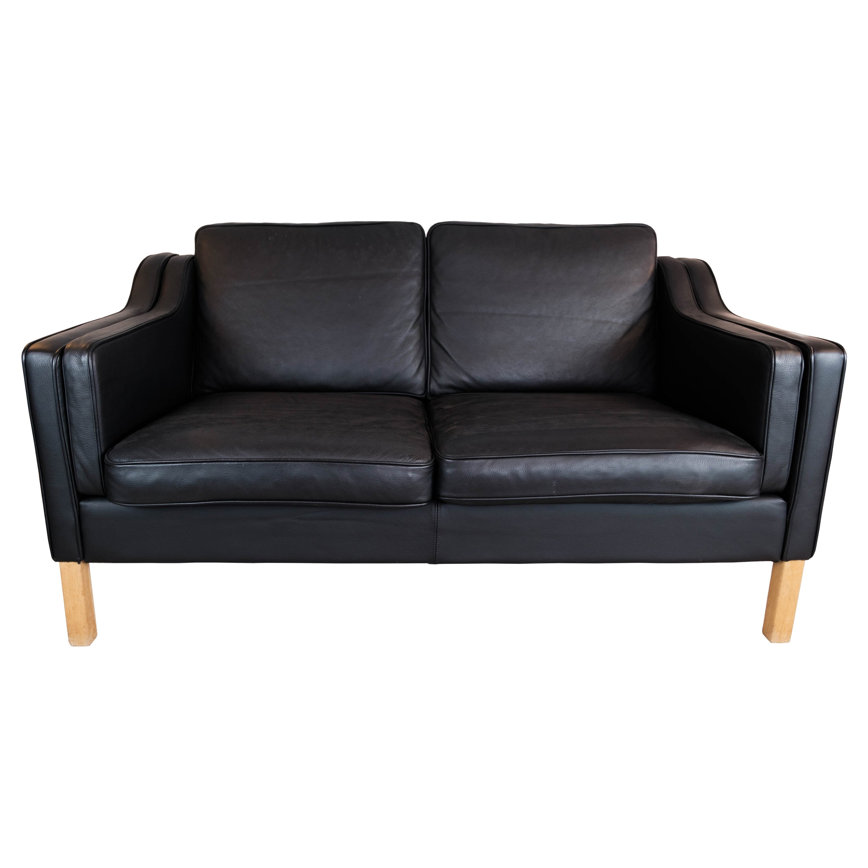 Black Leather 2 Seater Sofa with Legs of Oak, Manufactured by Stouby Furniture