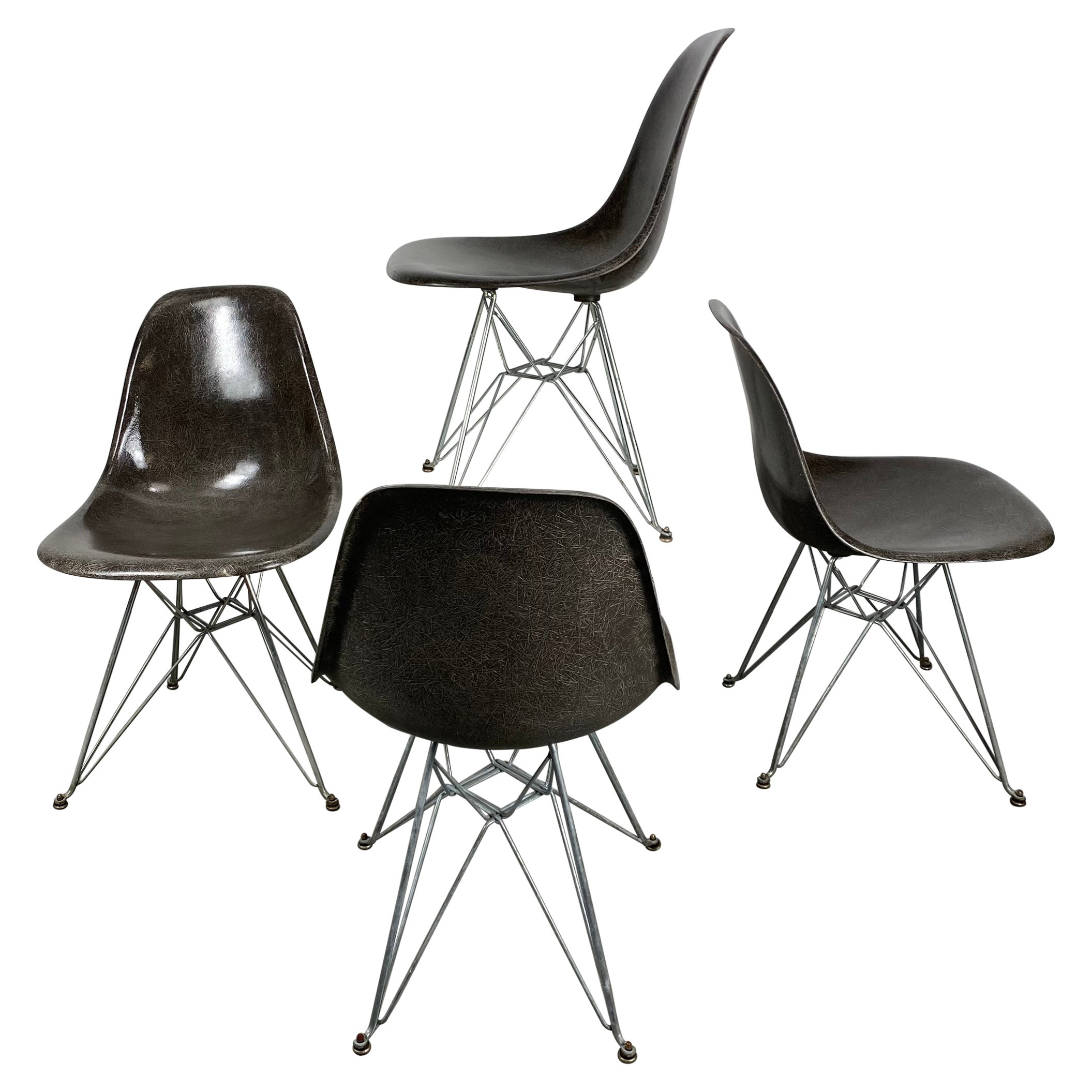 Set 4 Early Eames Fiberglass DSR Chairs on Eiffel Tower Bases