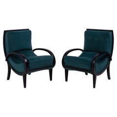 Antique 1920s Art Deco Teal Velvet Bentwood Armchairs, Set of 2