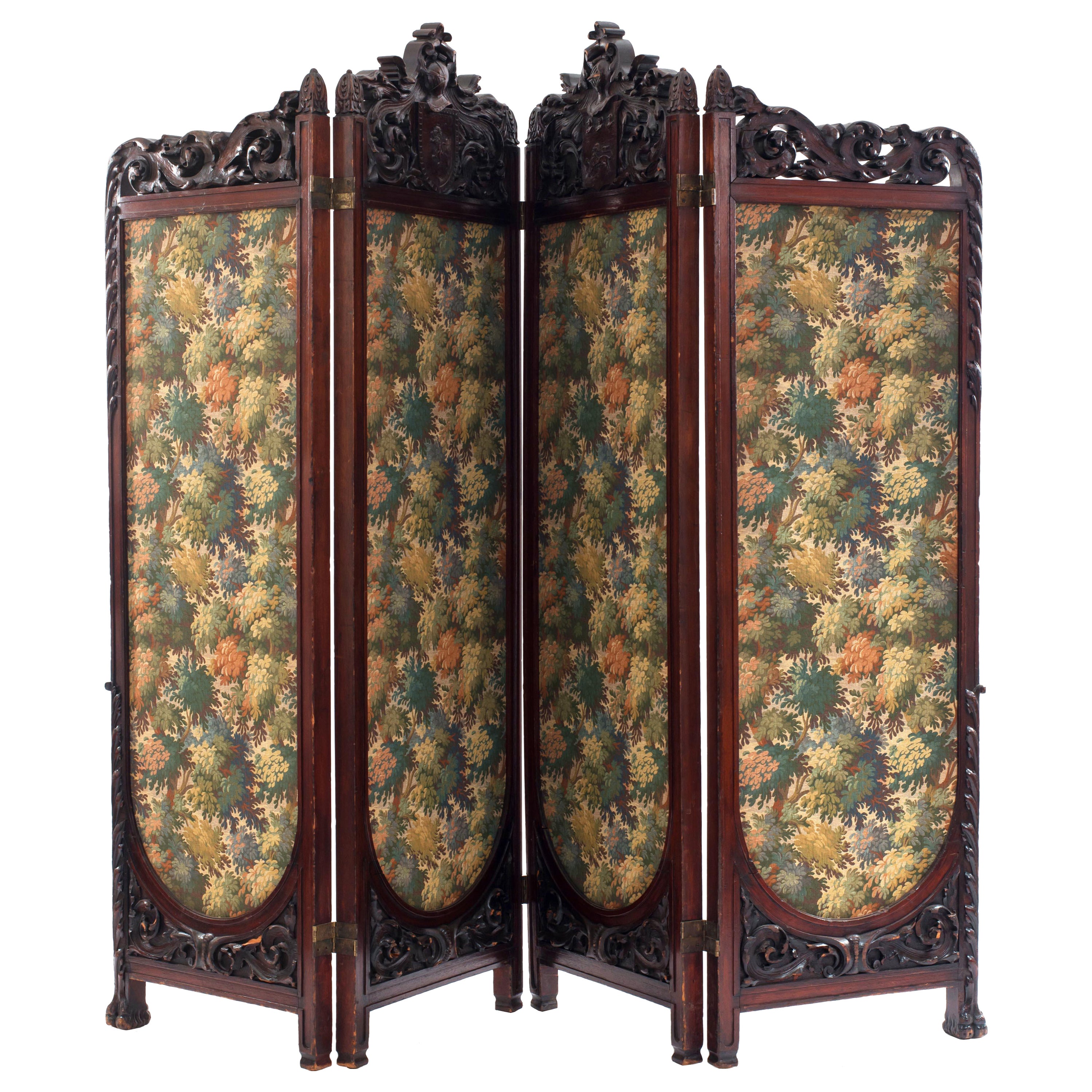 English Victorian Carved Mahogany 4-Fold Screen with Tapestry Panels
