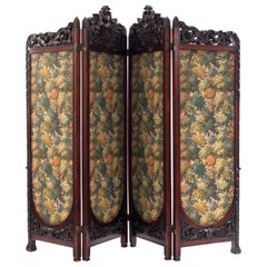 Antique English Victorian Carved Mahogany 4-Fold Screen with Tapestry Panels