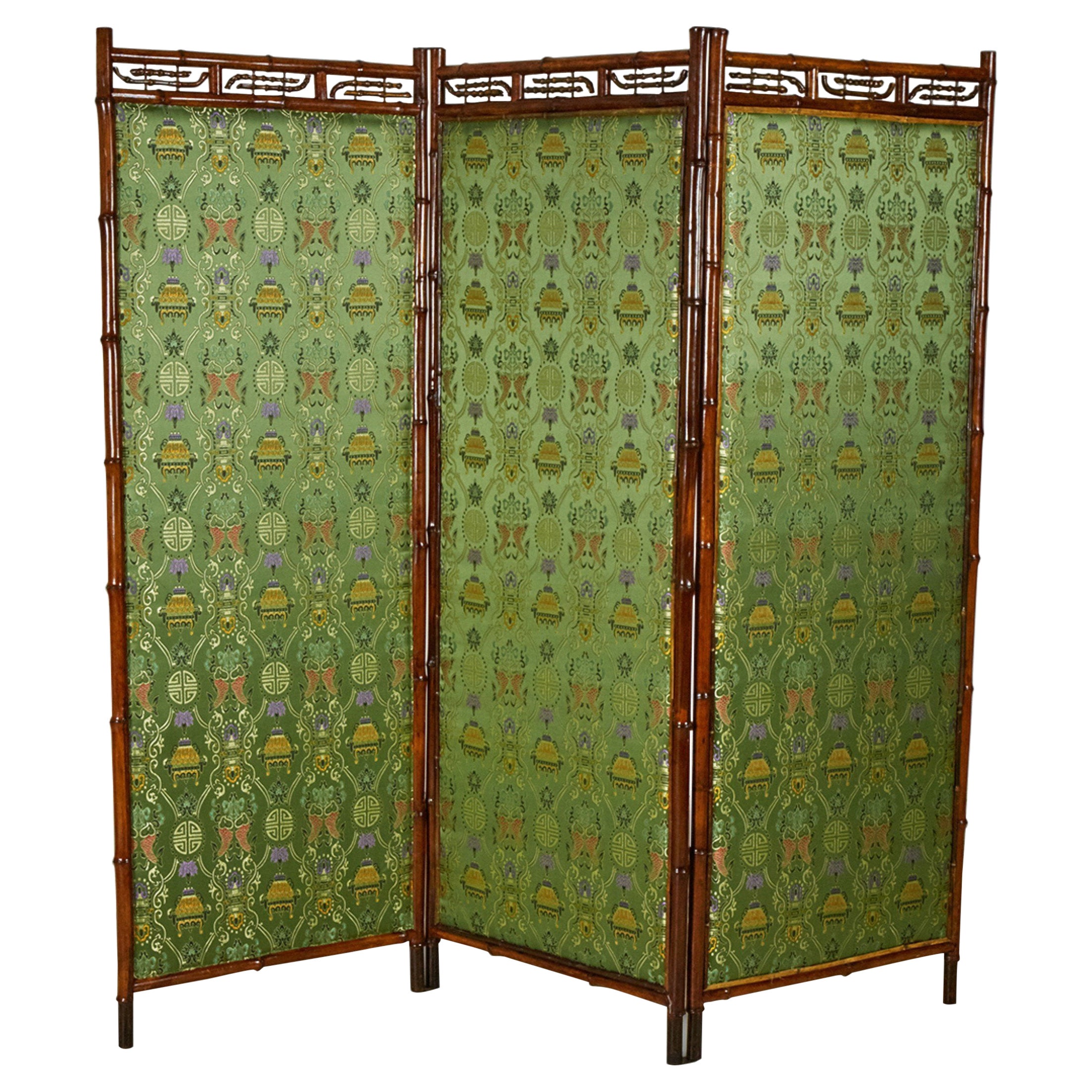 Victorian Bamboo 3-Fold Screen with Floral Green and Yellow Upholstered Panels For Sale