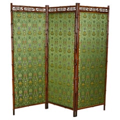 Vintage Victorian Bamboo 3-Fold Screen with Floral Green and Yellow Upholstered Panels