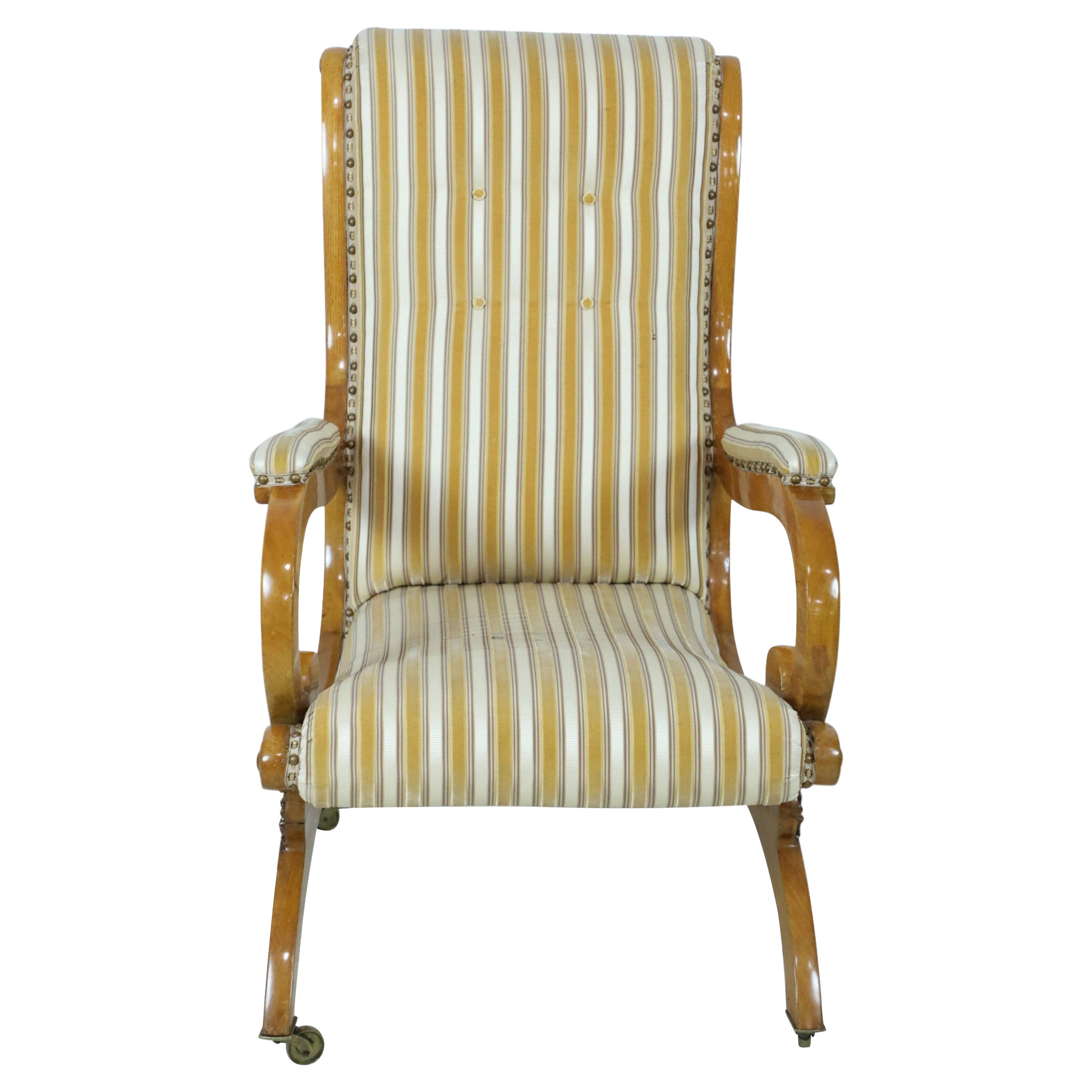 English Victorian Blond Wood Scroll Armchair with Striped Upholstery For Sale