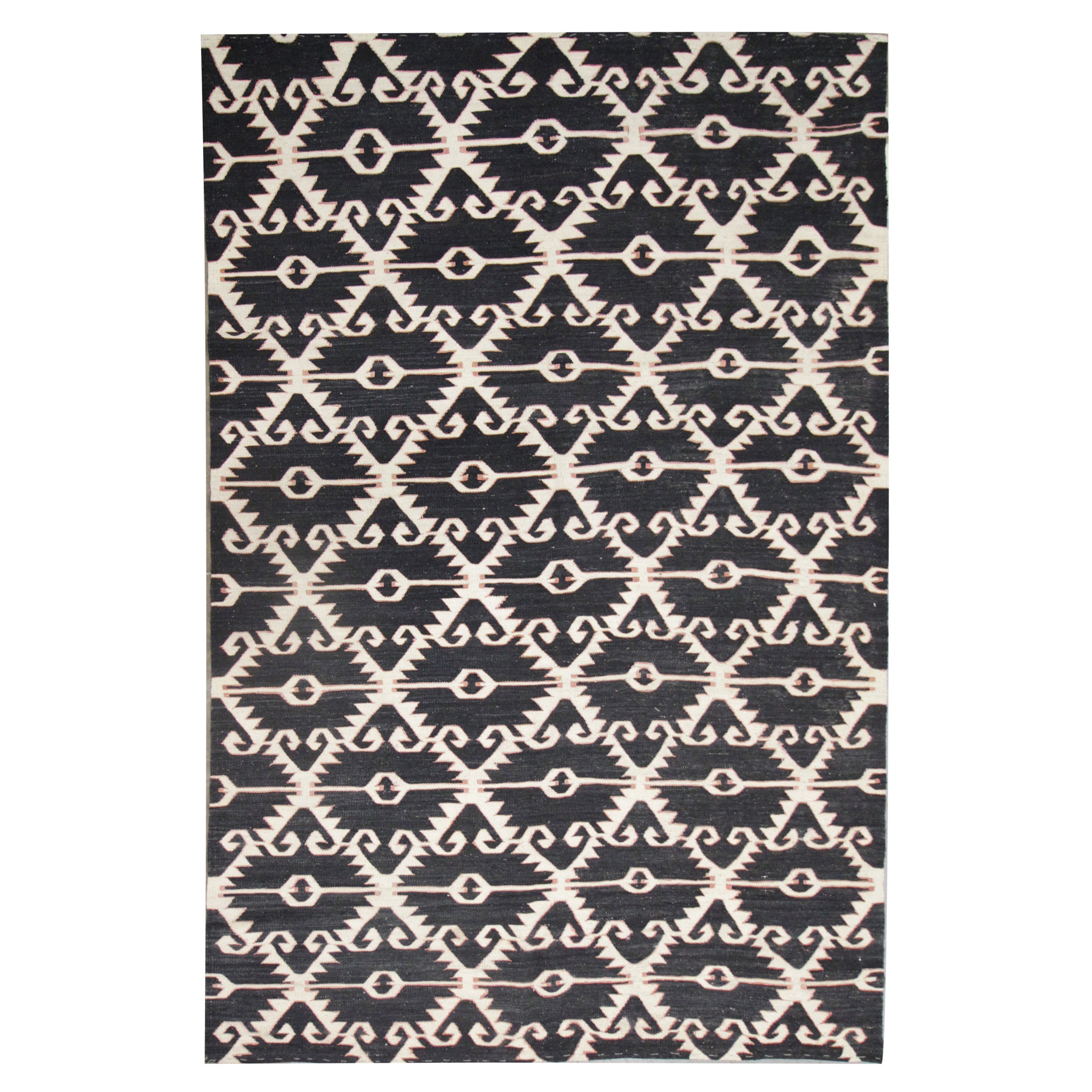 Handmade Afghan Kilim Geometric Cream and Blue Wool Kilim Rug For Sale