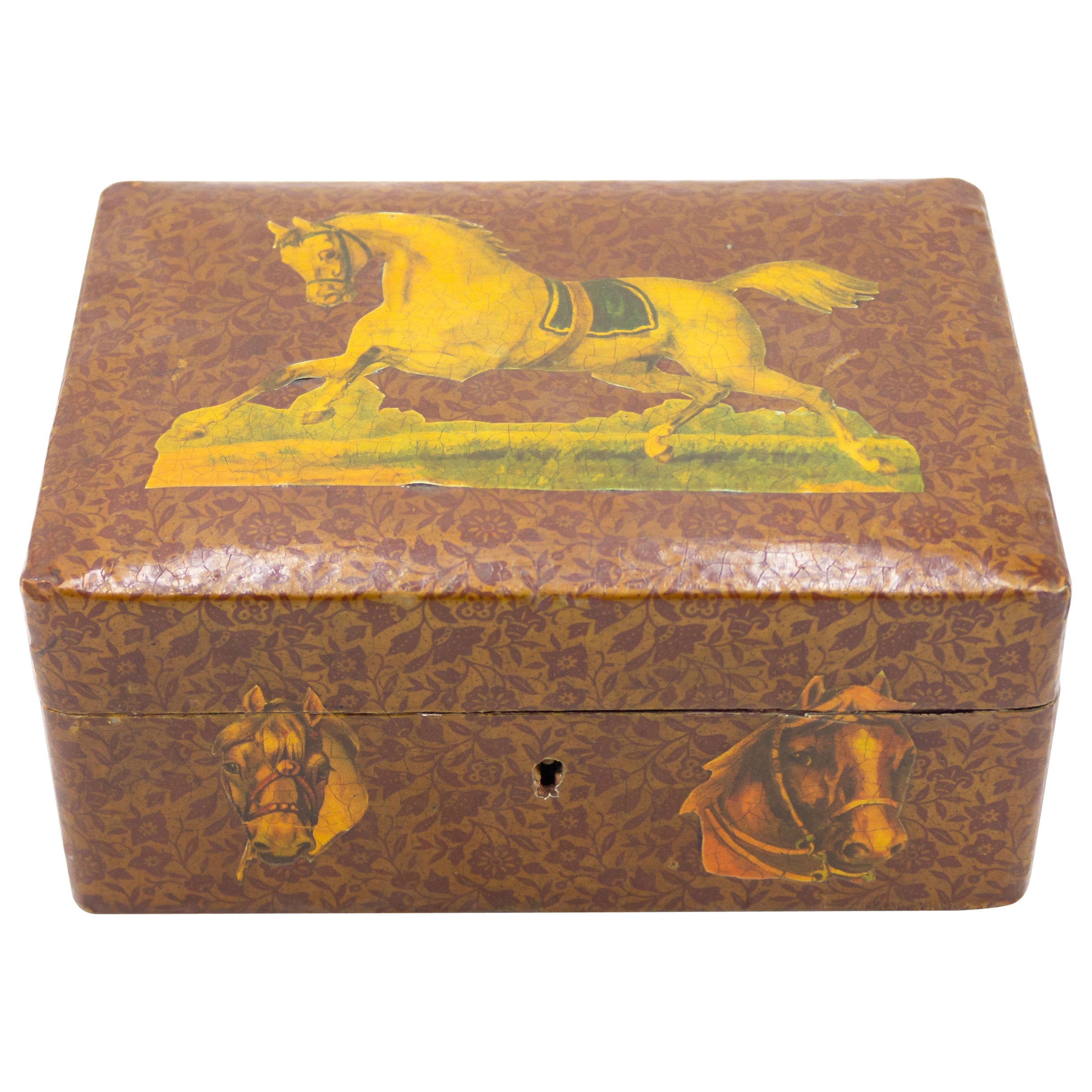 English Victorian Decoupaged Horse Jewelry Box For Sale