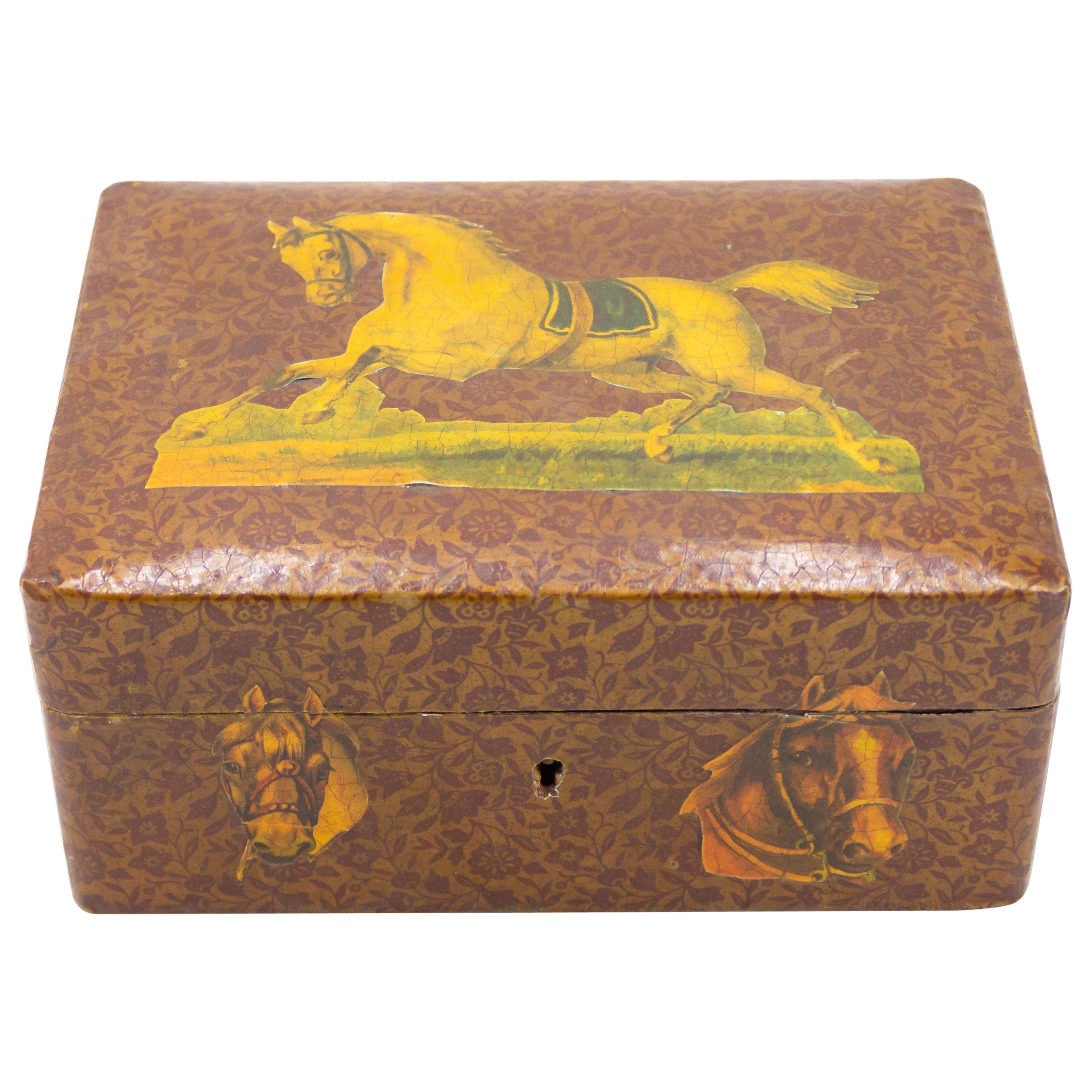 English Victorian Decoupaged Horse Jewelry Box