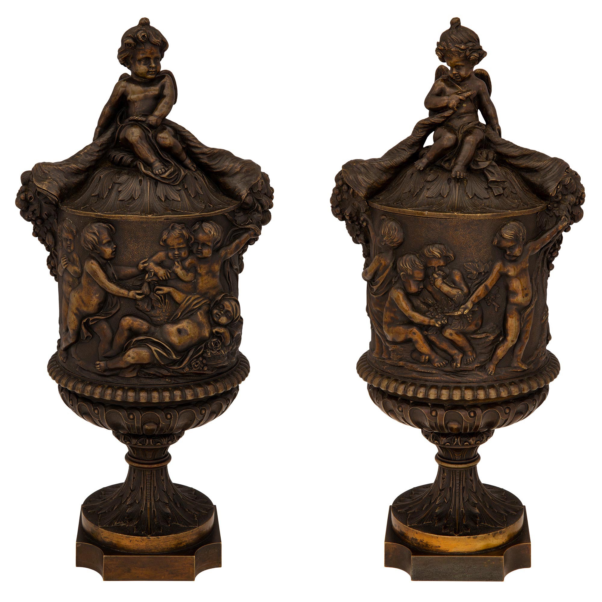 Pair of French 19th Century Renaissance Style Patinated Bronze Lidded Urns