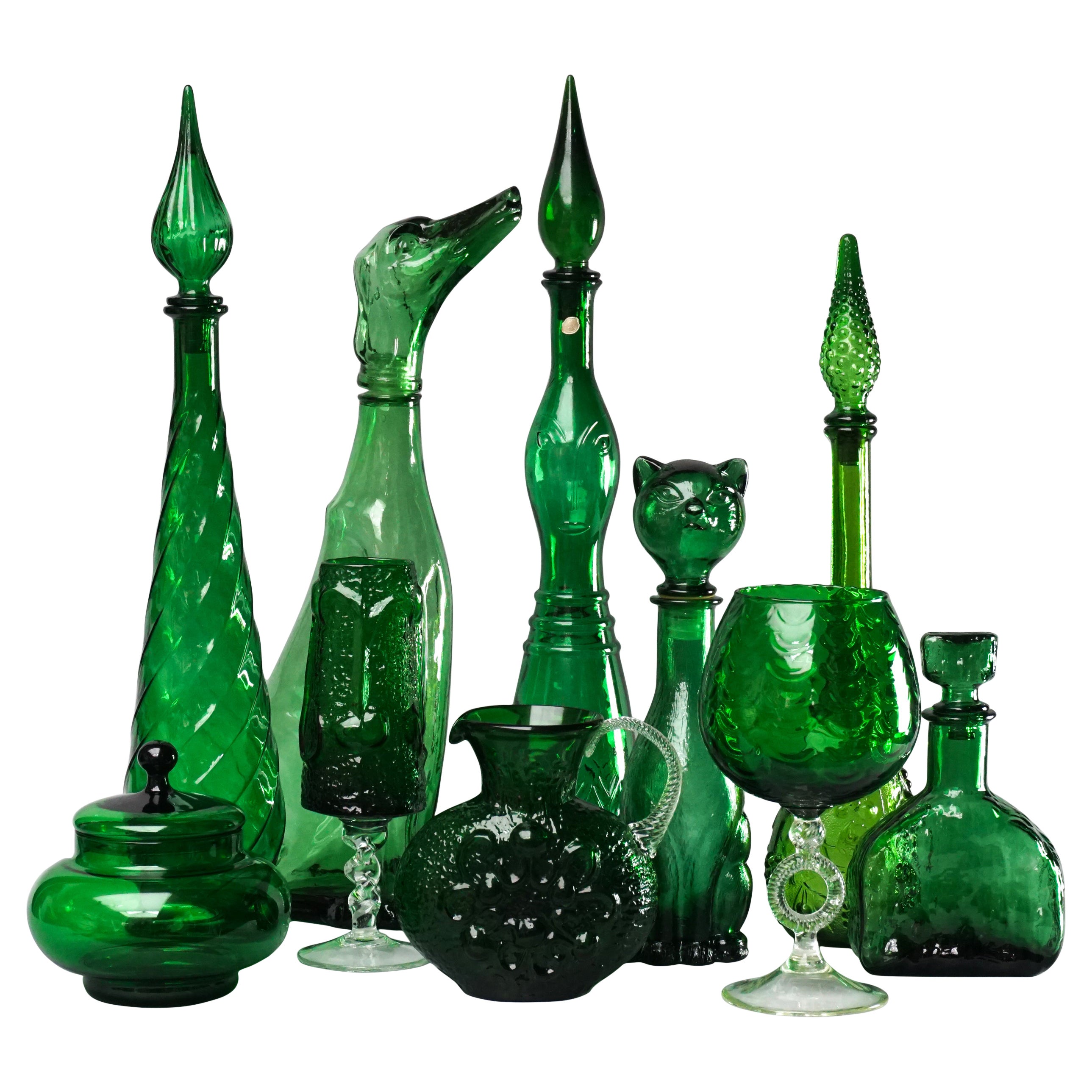 Ten 1960s Italian Empoli MCM Green Glass Vases Decanters Goblet and Candy Jar