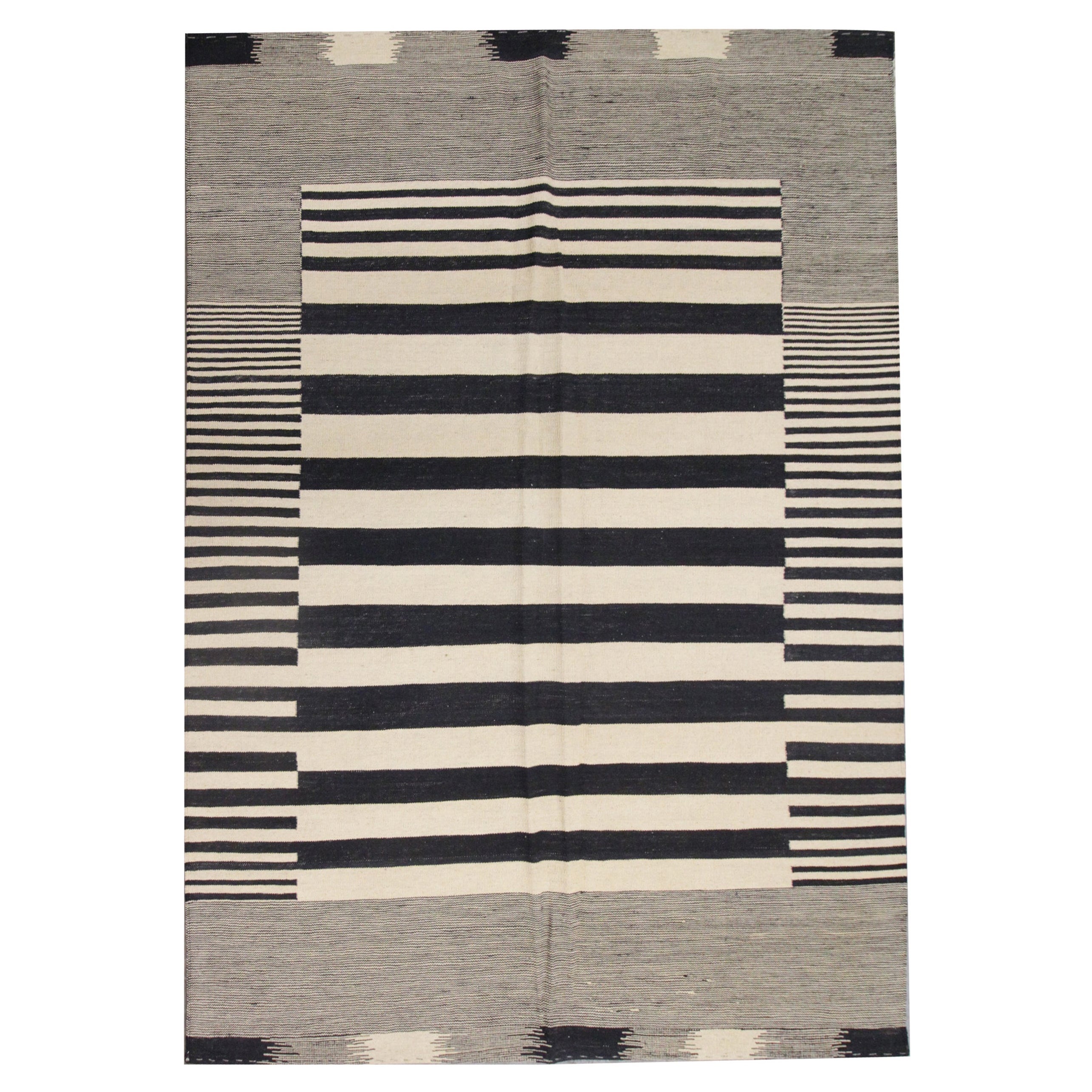 Modern Kilim Rugs Handmade Black Cream Kilim, Flat Striped Wool Rug at