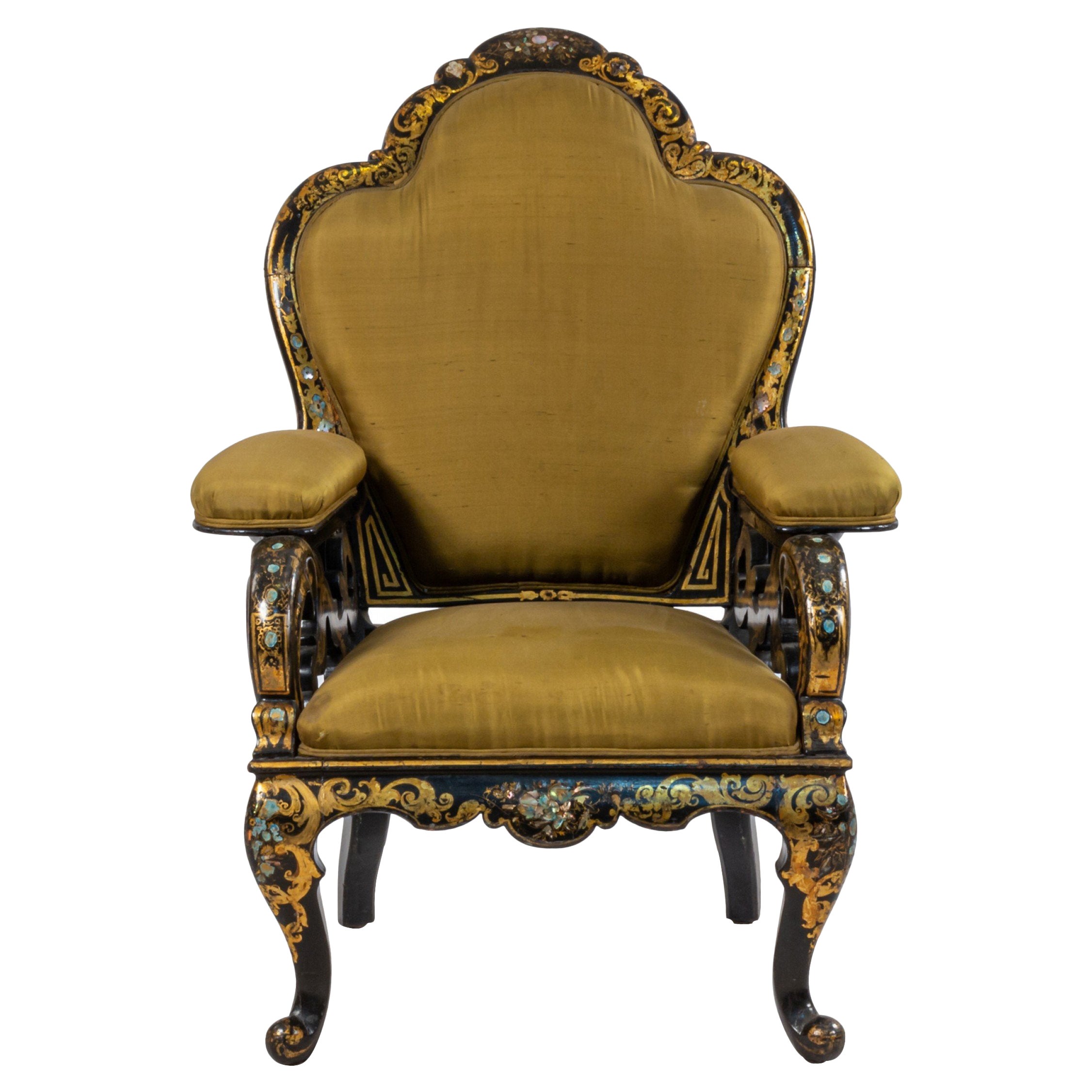 English Victorian Lacquered Papier Mache and Green Satin Armchair