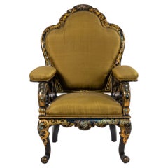 Englischer englischer viktorianischer Sessel aus lackiertem Papiermaché und grünem Satin