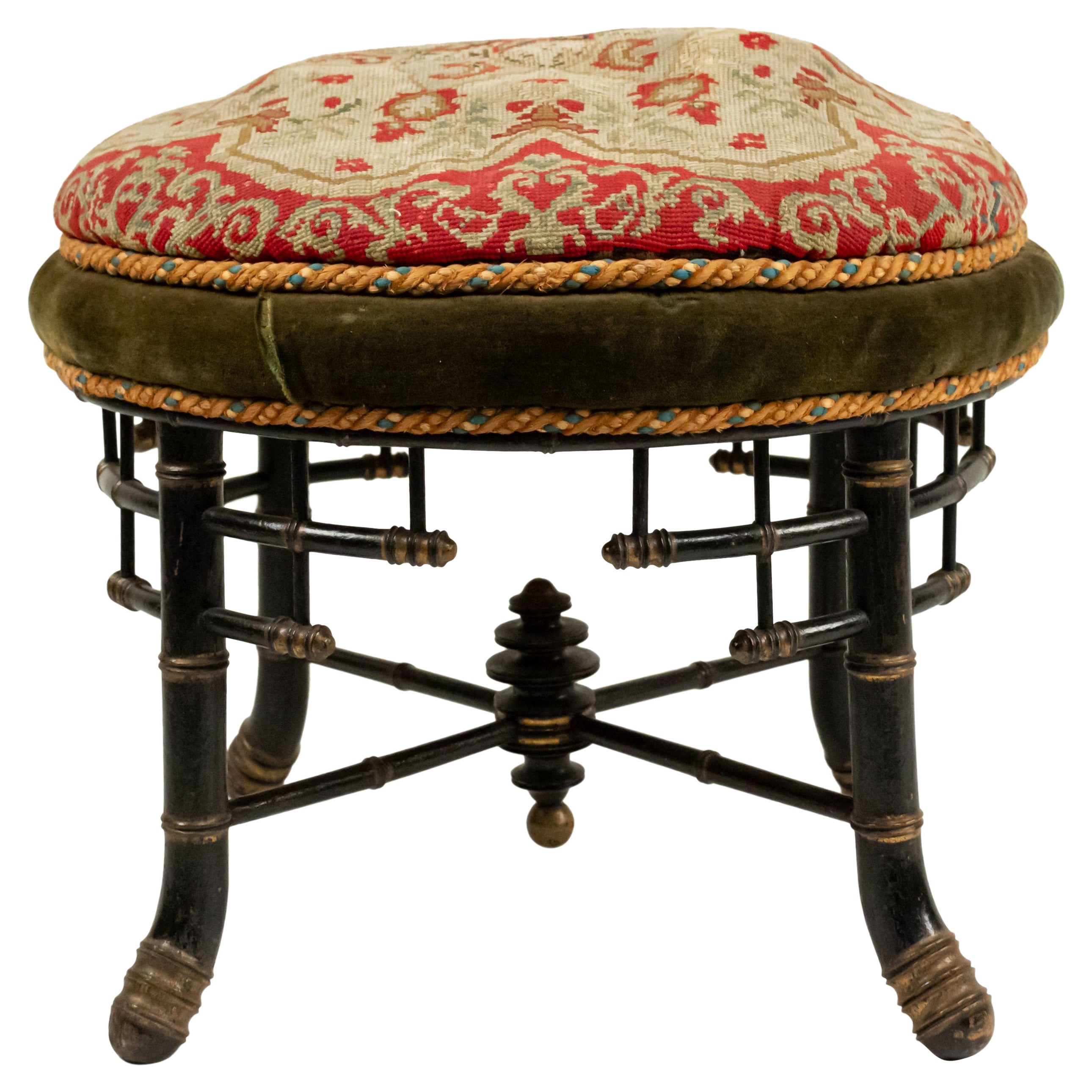 Aesthetics Movement Faux Bamboo Needlepoint Stool For Sale