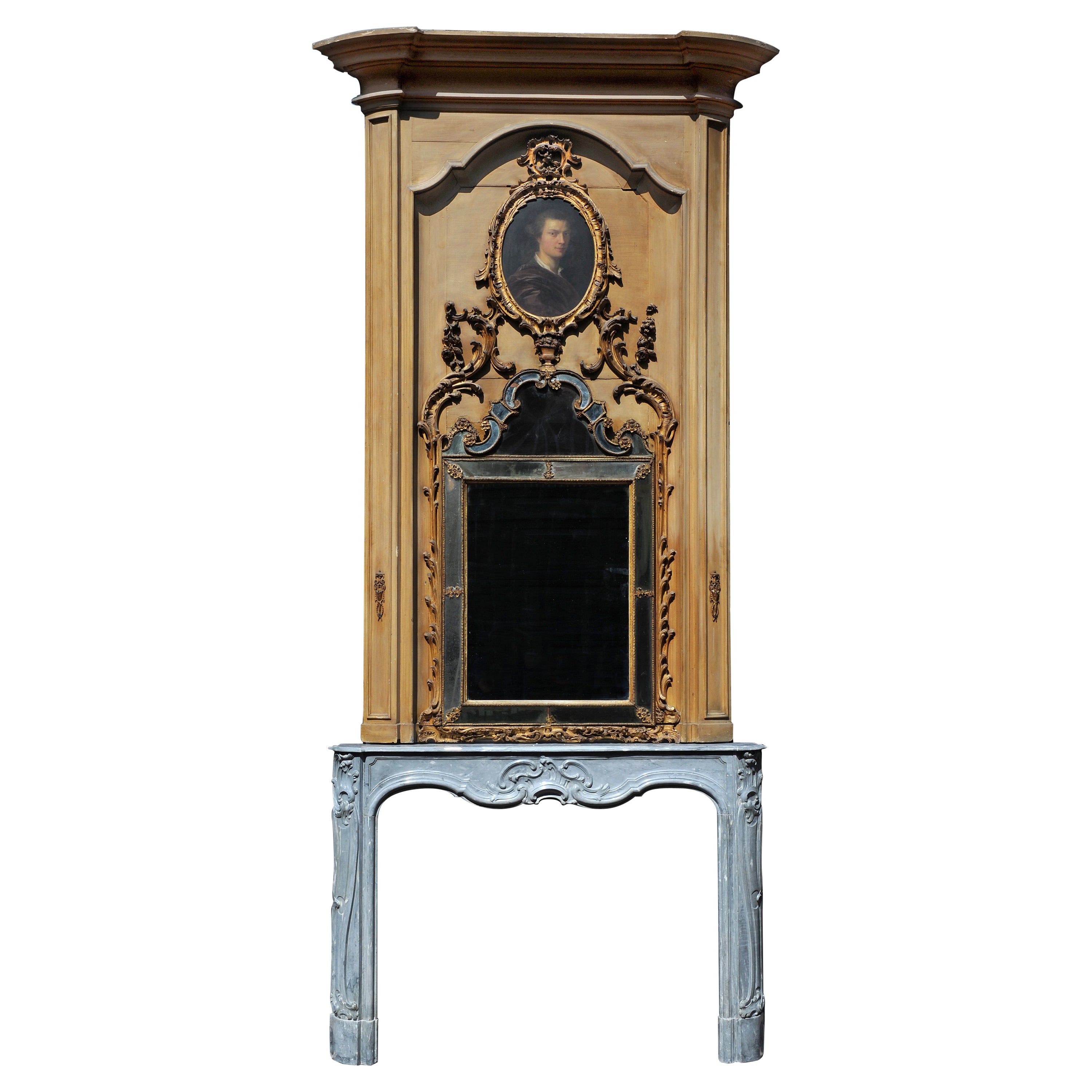 Exceptional Dutch Rococo Fireplace Mantel with Original Trumeau