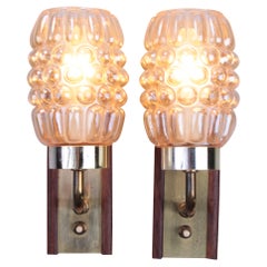Set Wall Lamps Danish Teak with Brass and Glass