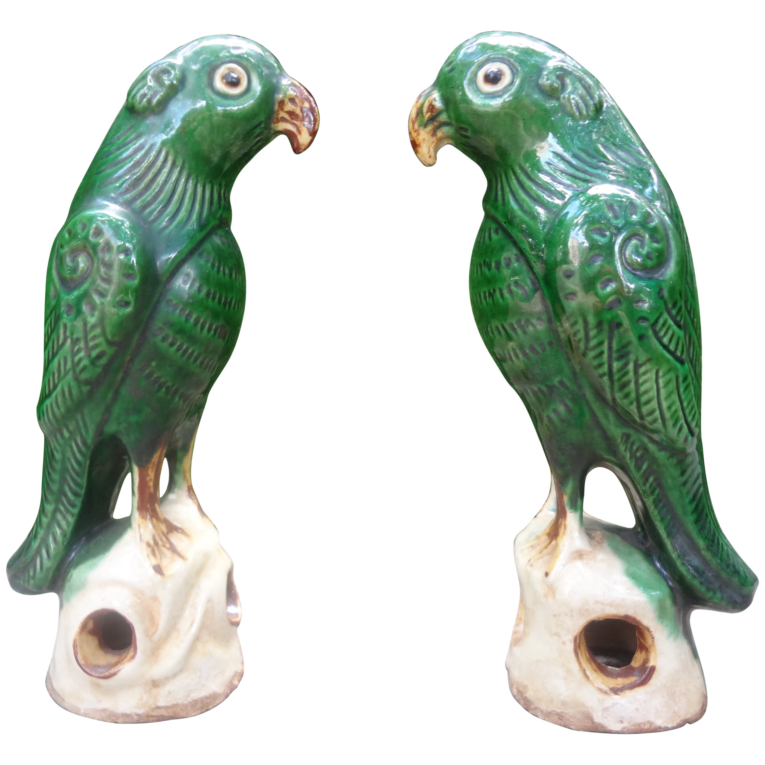Pair of Antique Chinese Glazed Birds or Parrots