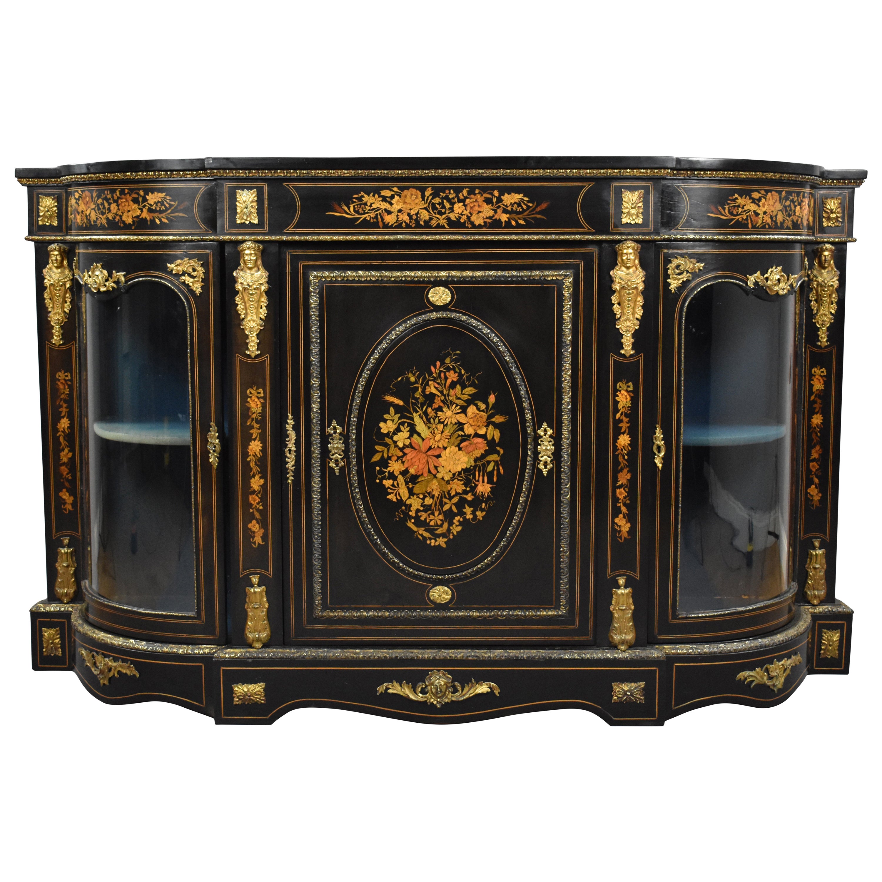 19th Century English Victorian and Marquetry Ebonised Credenza For Sale