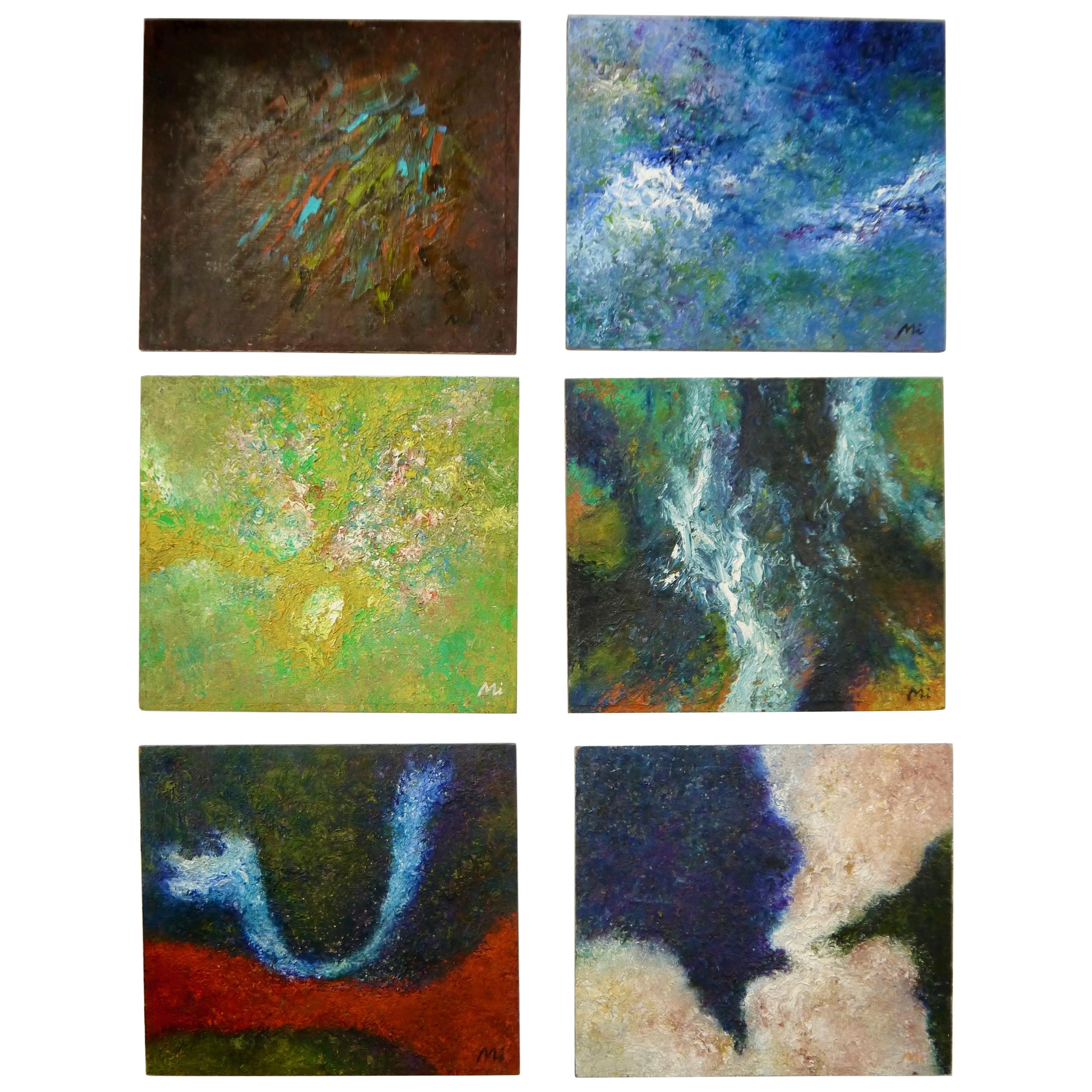 Set of 6 Textured Abstract Oil Paintings, signature: "Mi", 1992