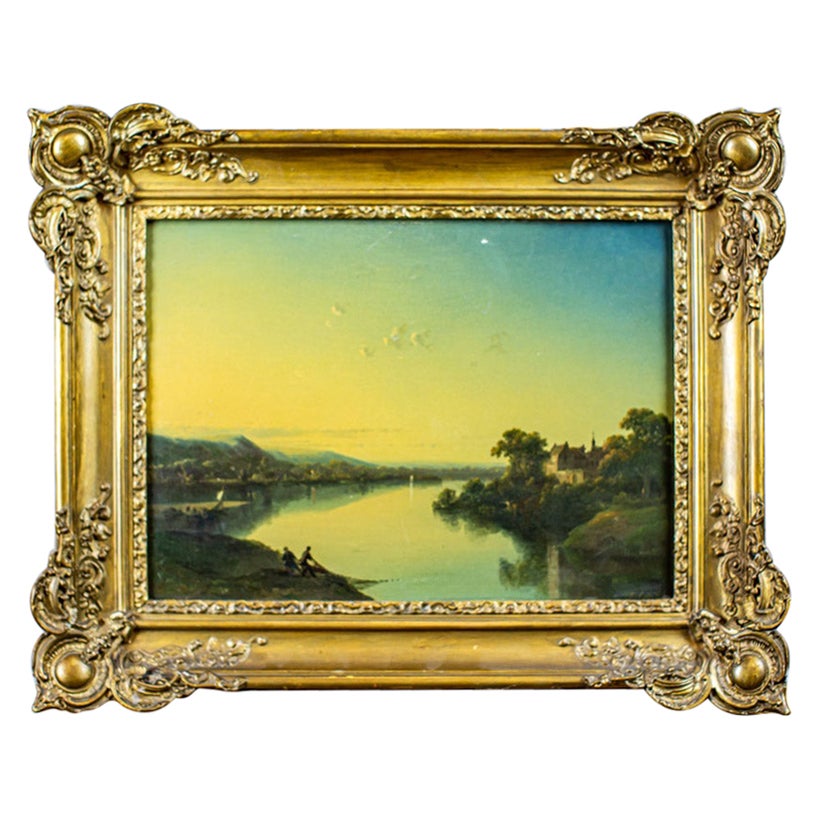 19th-Century Oil on Hardboard in Gold Frame