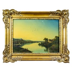 Antique 19th-Century Oil on Hardboard Depicting River in Gold Frame