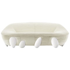 Contemporary Round White Bouclé Sofa With Handpainted Legs