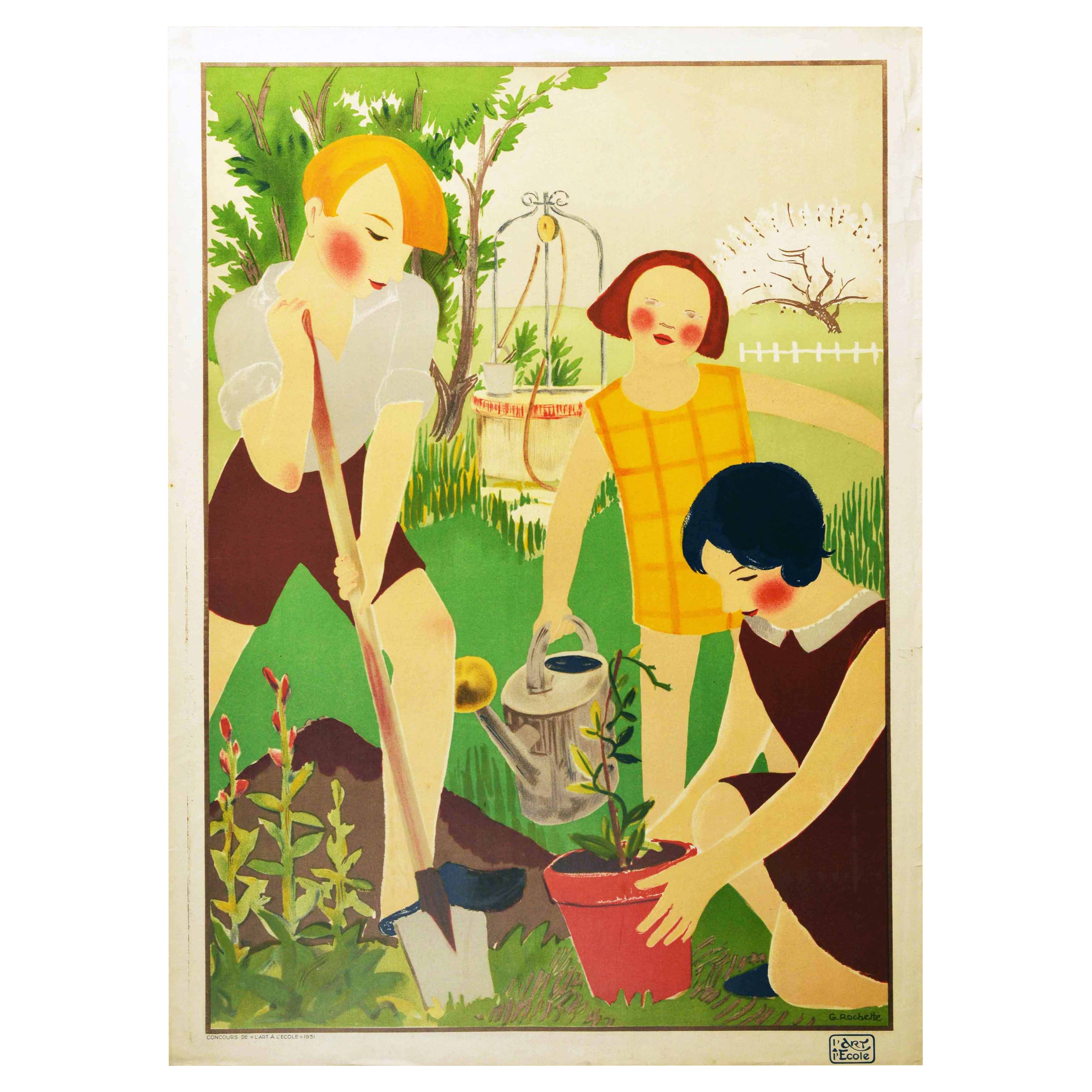 Original Vintage Poster Schoolchildren Gardening Art Concours De l'Art A l'Ecole For Sale