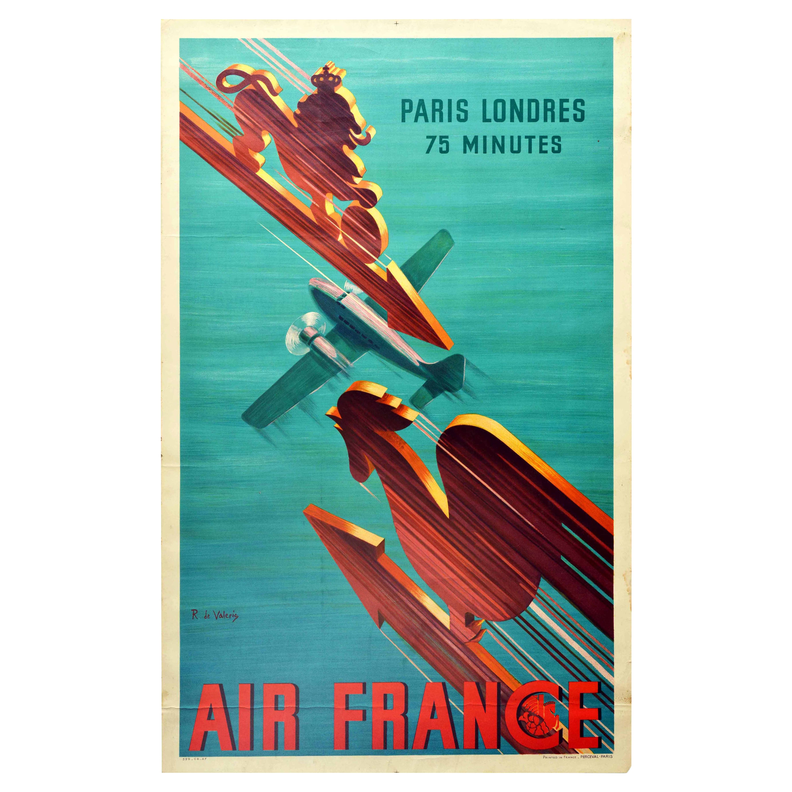 Original Vintage Poster Air France Paris London 75mins Lion Rooster Speed Travel
