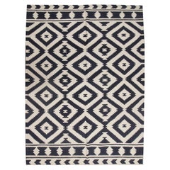 Moderner moderner abstrakter geometrischer Azteken-Kelim-Teppich aus Wolle und Wolle in Weiß und Schwarz