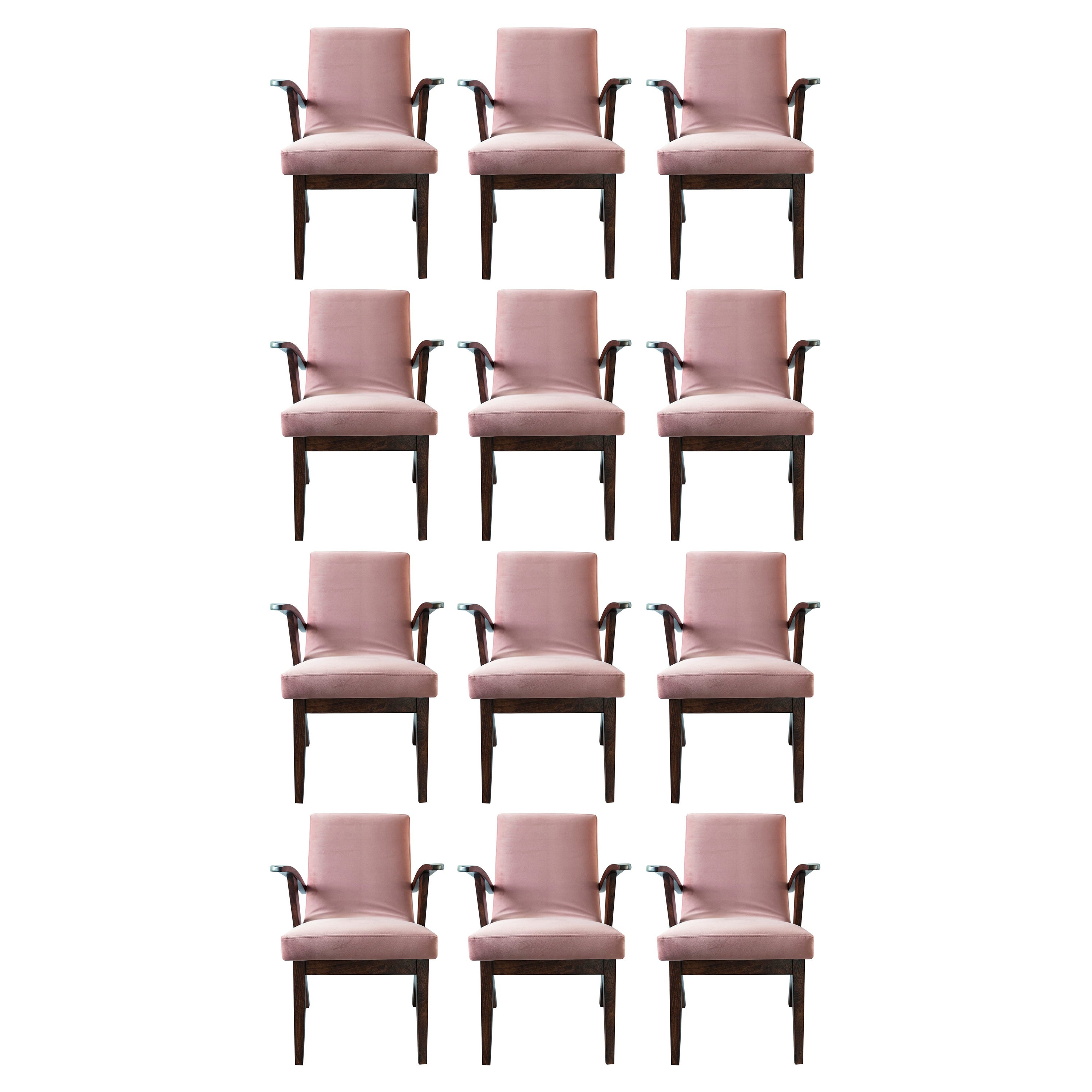 Twelve 20th Century Armchairs in Dusty Pink Velvet by Mieczyslaw Puchala, 1960s For Sale