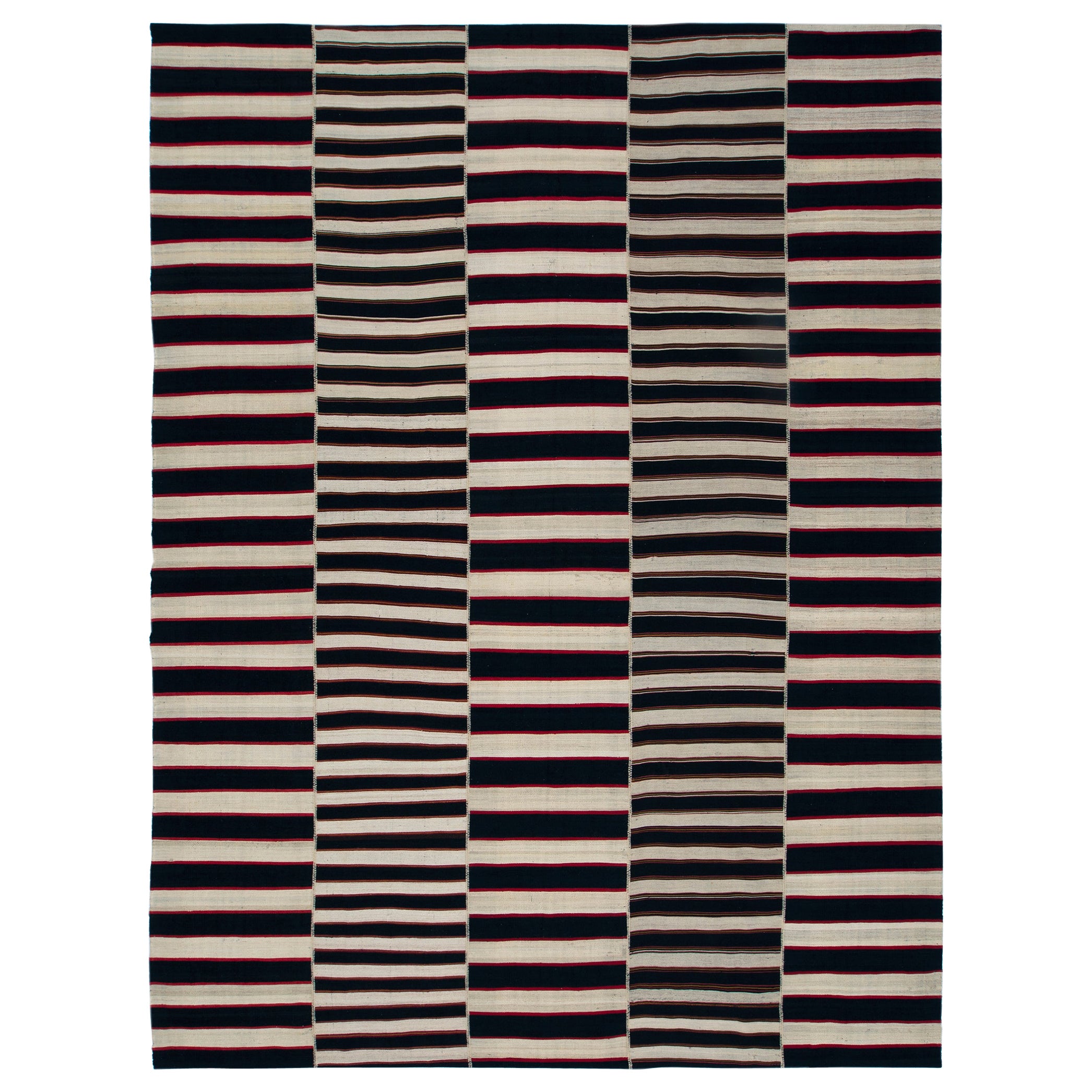 Vintage Mid-Century Modern Minimalist Stripe Flatweave Rug