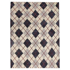 Modern Kilim Cream Blue Wool Kilim Carpet All Over Geometric Area Rug