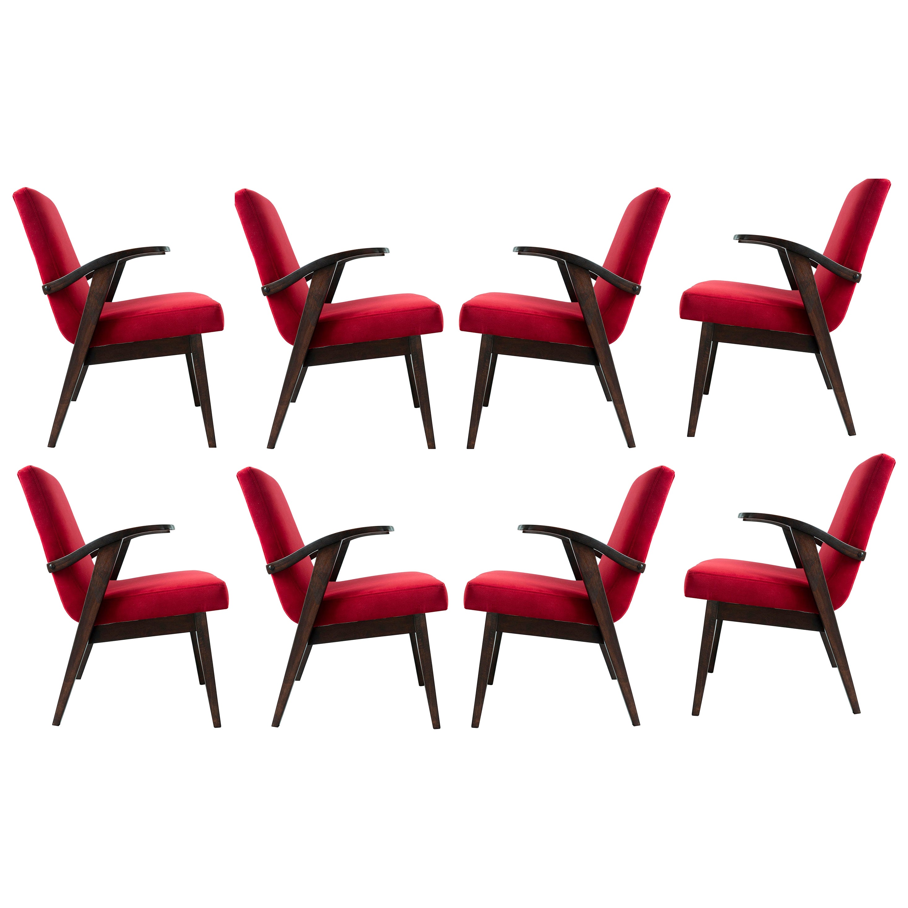 Set of Eight Vintage Chairs in Red Velvet by Mieczyslaw Puchala, 1960s