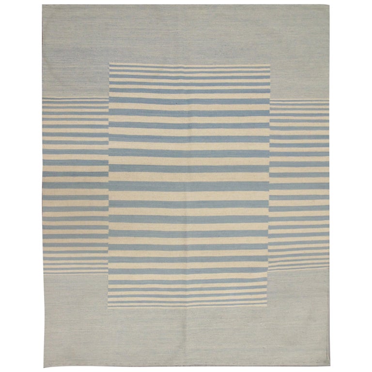 Modern Kilims Striped Rug Blue Cream, Beige Modern Striped Wool Area Rug