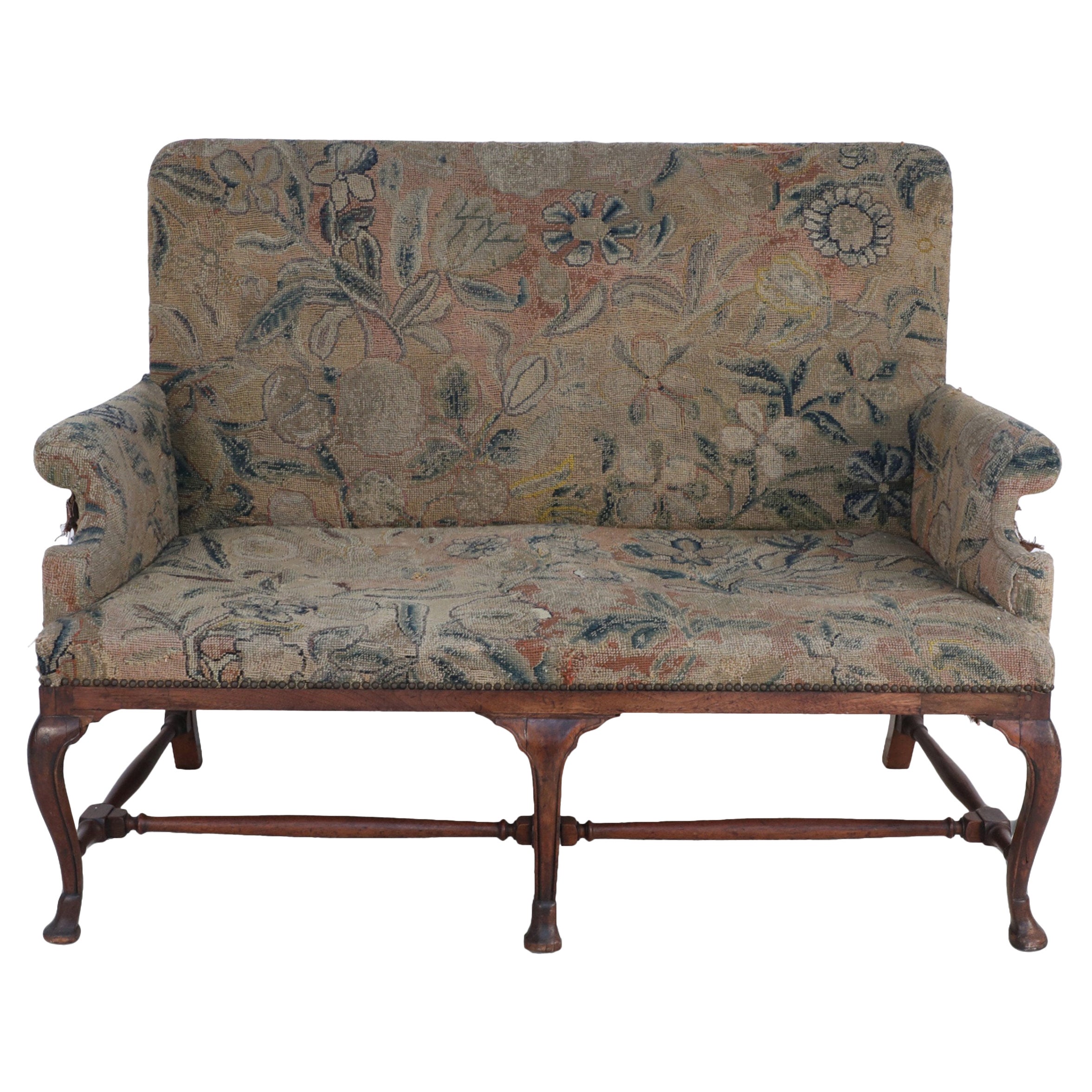 English Queen Anne Needlepoint Tapestry and Walnut Settee For Sale