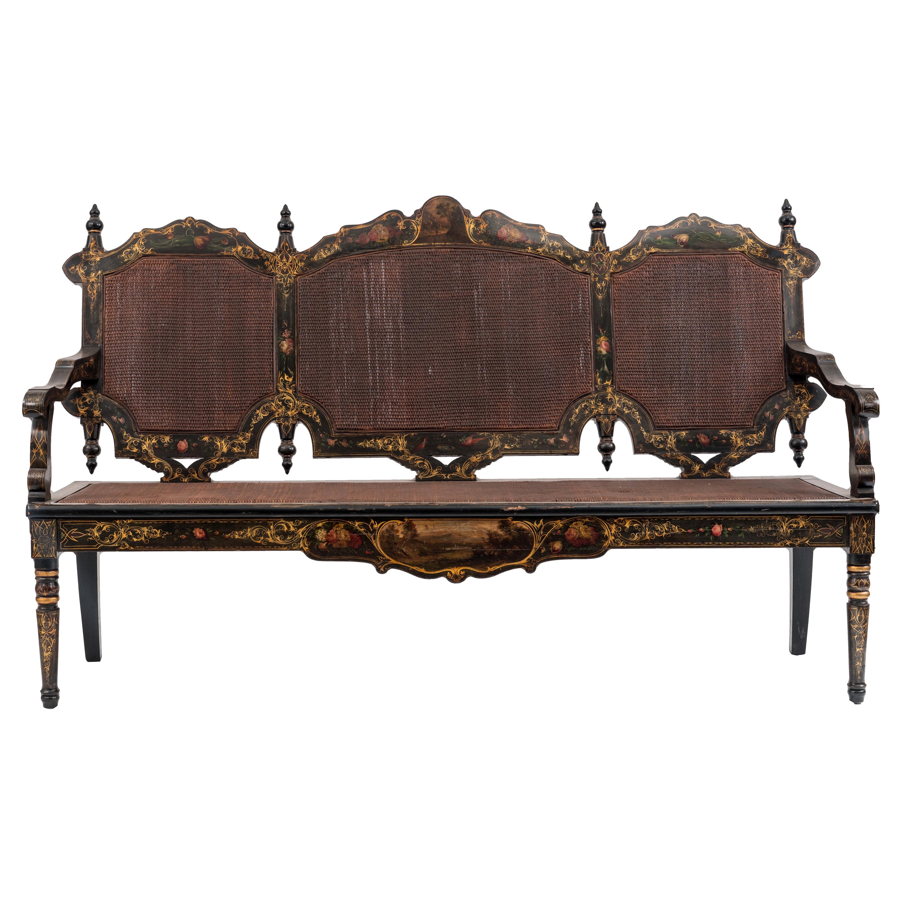 English Victorian Black Lacquered Floral Settee For Sale