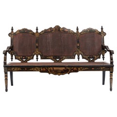 English Victorian Black Lacquered Floral Settee