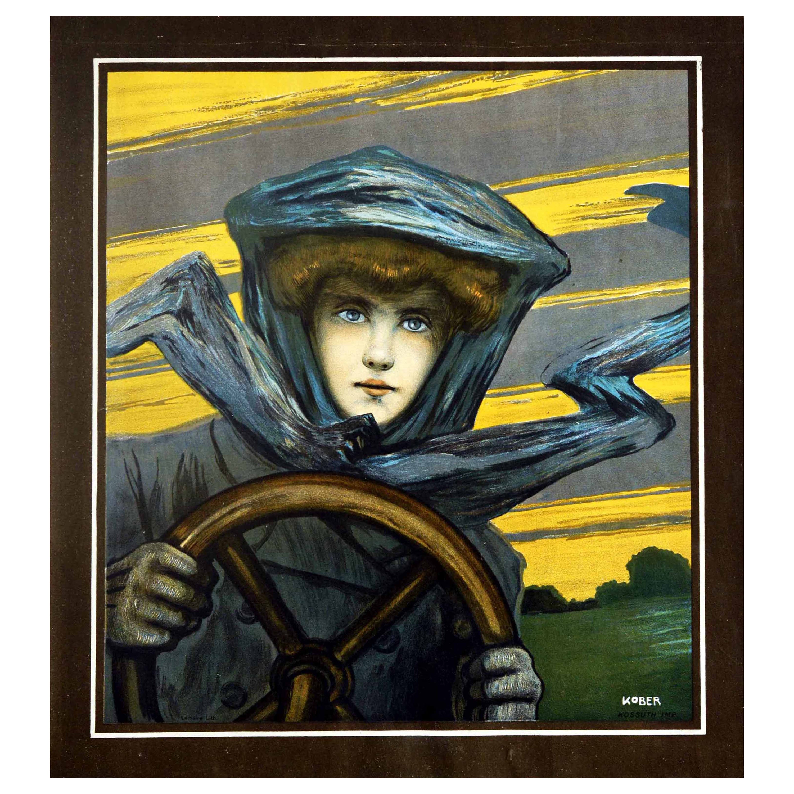 Original Antique Poster Lady Driver Classic Car Art Nouveau Automobile Artwork For Sale
