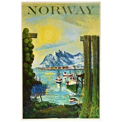 Original Vintage Travel Poster Norway Fjord Fishing Boats Mountains Scenic View