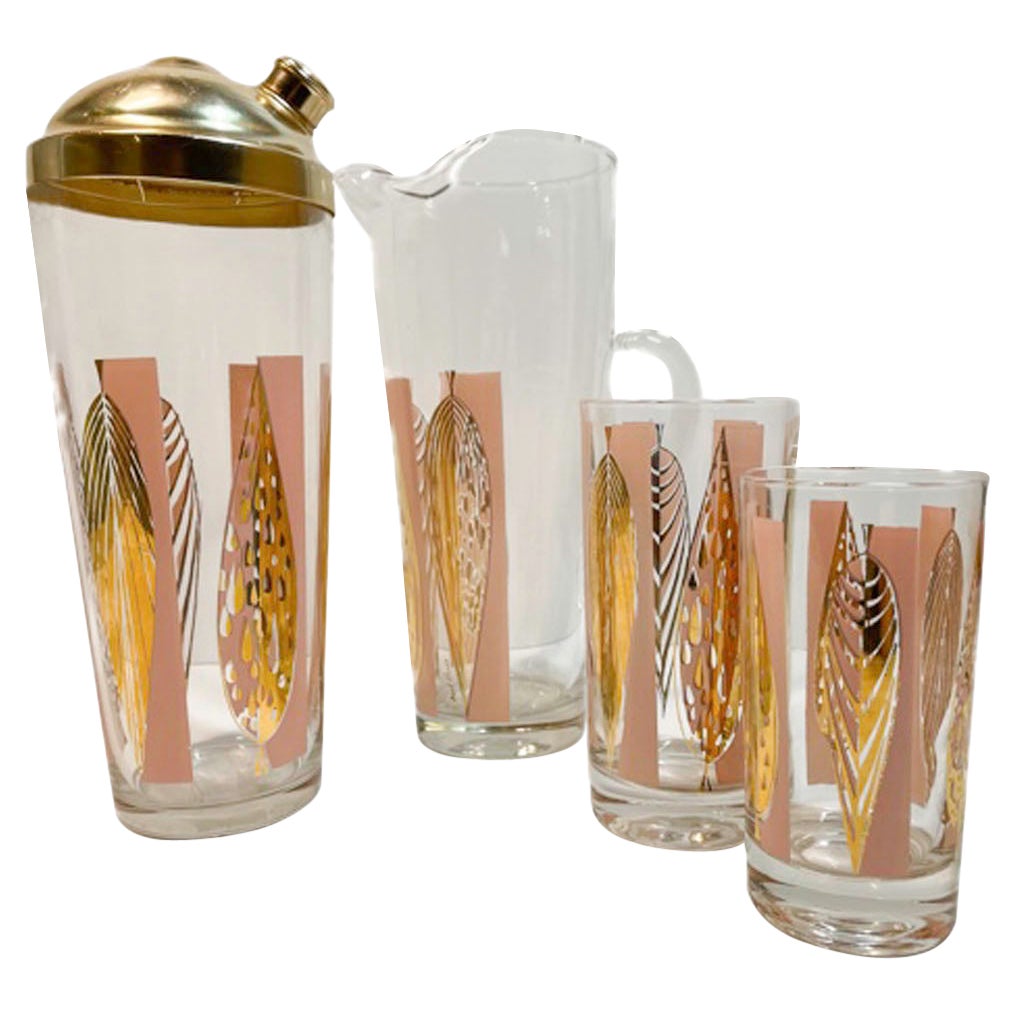 Vintage Fred Press 16 Piece Cocktail Set in Pink with Gold Stylized Leaves