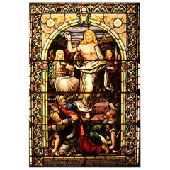 Antique Stained Glass Religious Scene Window