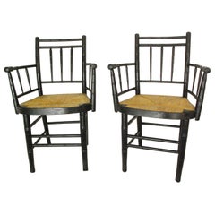 American Sheraton Period Pair of Painted Armchairs Rush Seated Bamboo Turned