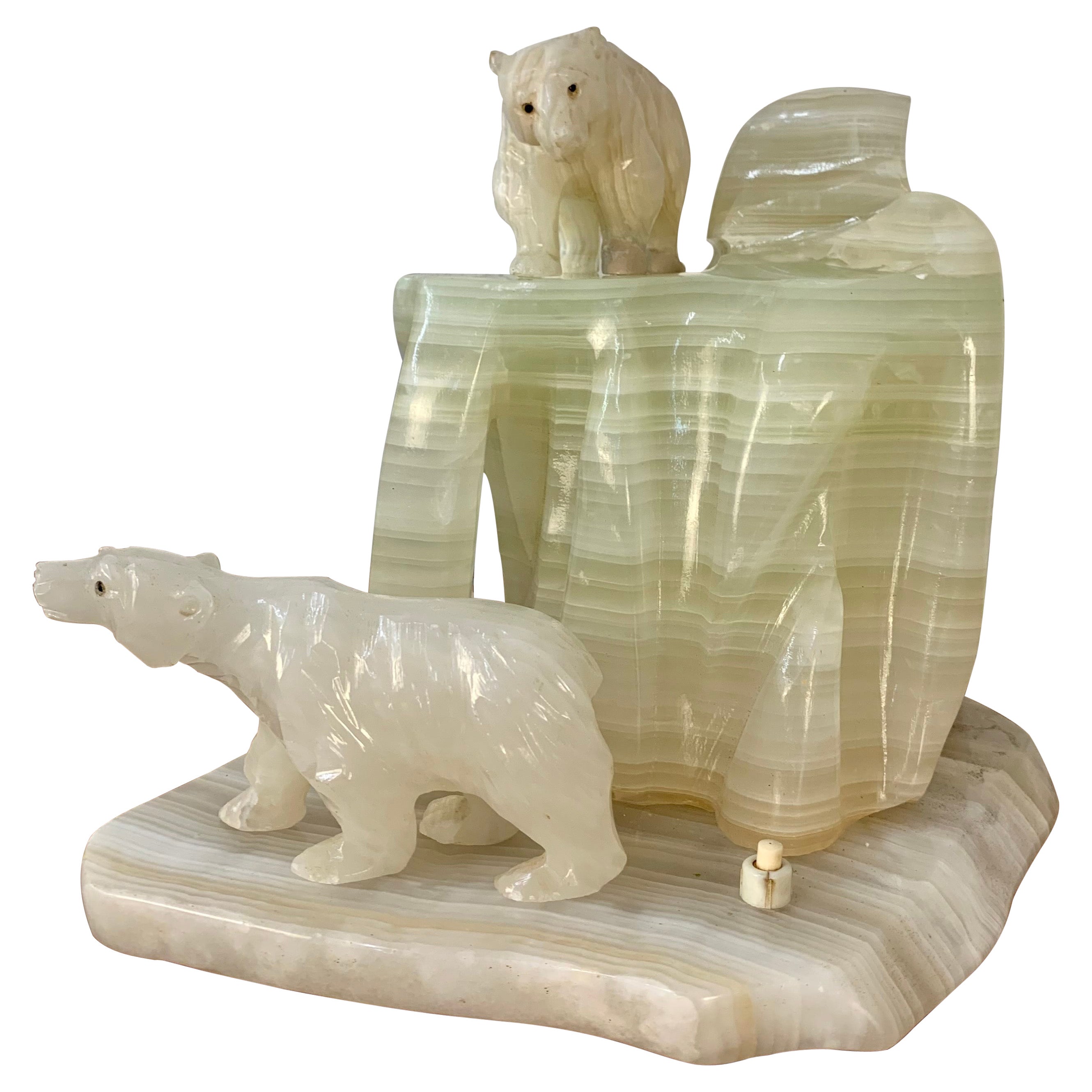 Carved Onyx Polar Bear Sculpture Lamp For Sale